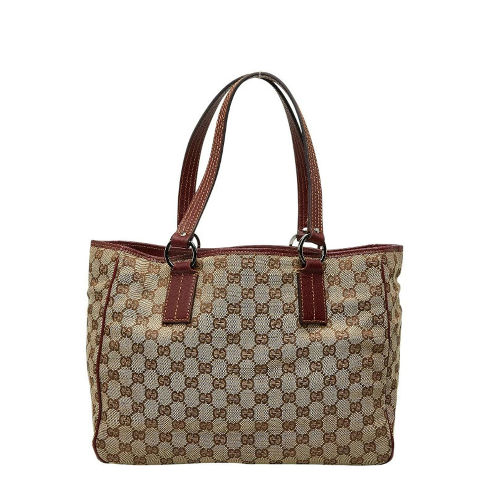 Gucci GG Canvas Tote Bag Handbag Beige Cream Red Leather